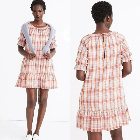 Madewell Plaid Ruffle-Sleeve Popover Mini Dress – Size S/M - Picture 1 of 15